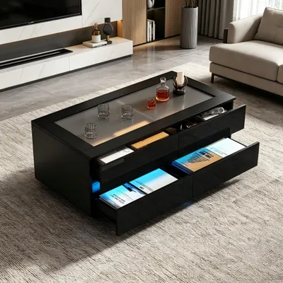 Produktbild von Moderner Couchtisch 100x50x40cm, Kaffeetisch mit 4 Schubladen LED gehärteter Glasplatte und Hochglanzfronten Wohnzimmertisch aus Spanplatte