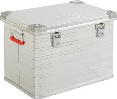 A silver aluminum transport container with a red handle and two silver latches.