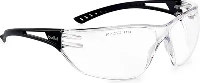 A pair of clear safety glasses with black arms, shown on a white background.