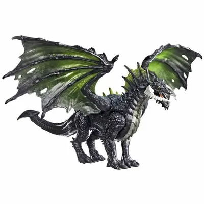 A black dragon toy with green wings is standing on a white background.