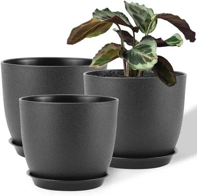 Produktbild von Pflanzentöpfe Set – 3 moderne Kunststofftöpfe mit Abflusslöchern – Schwarz