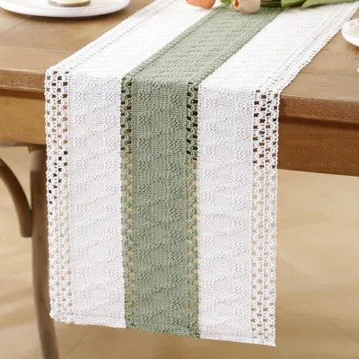 Productafbeelding van Tafelkleed 30x140 cm, saliegroen, crème, boho, macramé, katoen, linnen, vintage decoratie