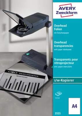 Produktbild von Avery Zweckform 3555 Overhead-Folien, DIN A4, unbeschichtet, mit Zwischenpapier, nur für Einzelblatteinzug, Stärke: 0,10 mm, 100 Blatt