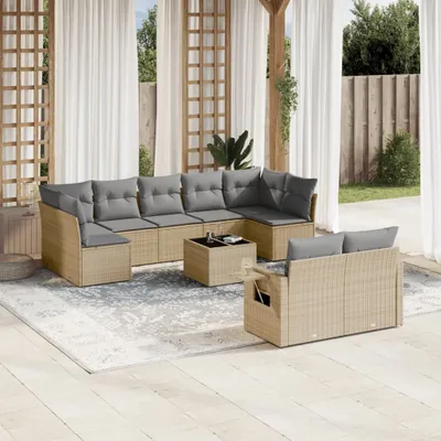Produktbild von Design 10-tlg. Garten-Sofagarnitur mit Kissen Beige Poly Rattan, Gartenmöbel-Sets 2024 Neu