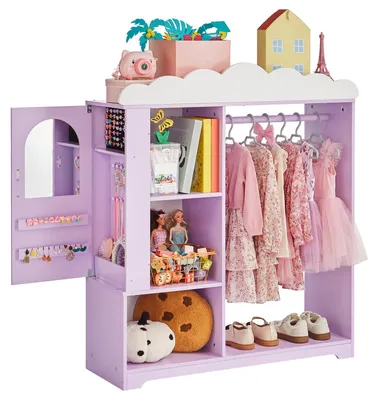Obrázok produktu pre Detská skriňa SucceBuy 91 x 30 x 103 cm, skriňa so zrkadlom, vešiakom na oblečenie a policami, skriňa z MDF s priehradkou na šperky pre dievčatá, úložný priestor na kostýmy, hračky a bábiky, fialová