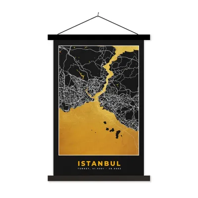 Produktbild von MuchoWow® Textilposter Istanbul - Karte - Gold - Stadtplan - Karte 40x60 cm mit schwarzem Rahmen - Wanddekorationen