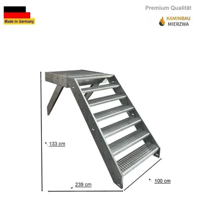 Obrázek produktu pro Podestové schody podélné ocelové schody 7 stupňů výška 133cm včetně podesty 100x100cm bez zábradlí Pozinkované / vyrovnávací schody přední (čelní) venkovní schody