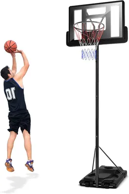 Image de Support de basket-ball réglable en hauteur de 160 à 305 cm, panier de basket-ball avec support, installation de basket-ball avec 6 niveaux de réglage pour les jeunes et les adultes, système de panier de basket-ball sur roulettes