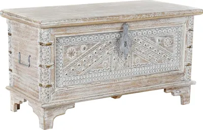 A white and brass carved wooden chest on a white background.