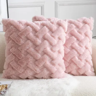Produktbild von Set mit 2 dekorativen Kissenbezügen aus dickem, flauschigem Kunstkaninchenfell für Sofa, Bett und Wohnzimmer, 60 x 60 cm, rosa