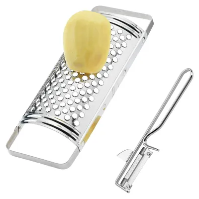Productafbeelding van Set van 2 keukenaccessoires: een rasp en een dunschiller, zilverkleurig, ideaal voor het bereiden van groenten en fruit