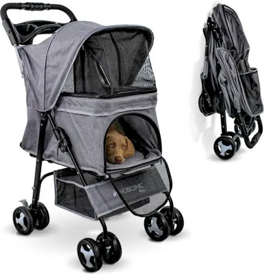 Zdjęcie produktu dla Mobiclinic Pets, składany wózek dla psa, do 15 kg, idealny dla małych psów, Zuma, koła z hamulcami 360°, kosz XXL, uchwyt na kubek, szary