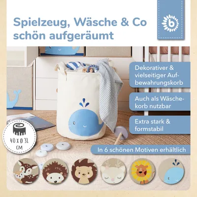 Produktbild von Bieco Wäschekorb Baby Wal | Großer Aufbewahrungskorb Kinder Baumwolle und Wasserabweisend | Aufbewahrung Kinderzimmer | Wäschekorb Kinder Wäschekorb Kinderzimmer Mädchen Spielzeug Korb