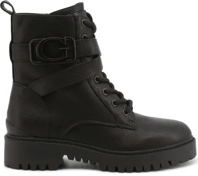 A studio shot of a black combat boot.