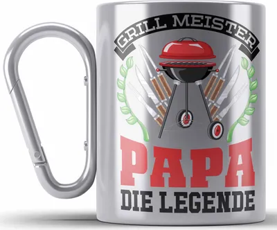Produktbild von Trendation - Papa Grillen Geschenk Edelstahl Tasse Karabiner Sommer Karabiner Edelstahl Tasse Karabiner Edelstahl Becher Vatertag Geschenkidee (Silber)