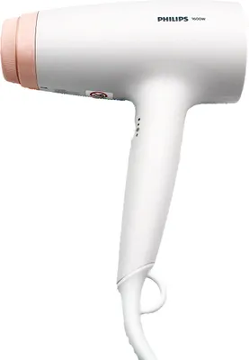 A white Philips hair dryer with a pink accent on a white background.