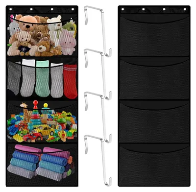 Productafbeelding van Twee-delige deurhanger met 4 netzakken, hangende organizer met 4 S-haken, deurhanger, hangende organizer voor het opbergen van knuffels in de slaapkamer of woonkamer (zwart)