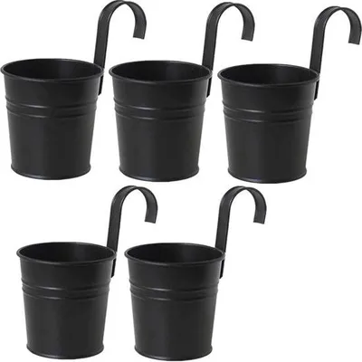 Produktbild von Hängende Blumenpotten - 5 Stück Metallene Eisenpflanzentöpfe, Blumenhalter mit Haken für Innen- und Außen Dekoration - Schwarz