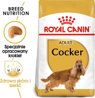 A bag of Royal Canin Cocker dog food with a picture of a Cocker Spaniel on it.