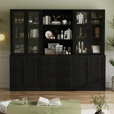 Image de Étagère de 5 niveaux avec portes en verre, 180 cm de hauteur, de couleur noire. Armoire vitrine, meuble haut