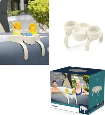 A collage of images showing a hot tub drink holder, its packaging, and a lifestyle shot of people using it.