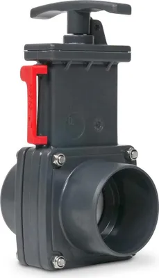A dark gray PVC slide gate valve with a red lever and a silver handle is shown against a white background.