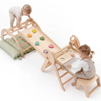 Produktbild von 5-in-1 Klettergerüst Indoor aus Holz mit Rutsche – Kletterdreieck Montessori für Kinder ab 1 Jahr, Indoor Spielplatz Baby Kletterset & Kunstset