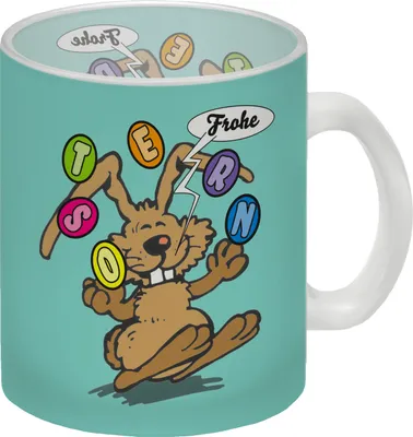 Produktbild von Frohe Ostern! Osterhase jongliert mit Ostereiern Glas Tasse in türkis
