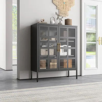 Produktbild von Mein-Regal Highboard Glasgow aus Metall Beistellschrank 2 Glastüren Schwarz