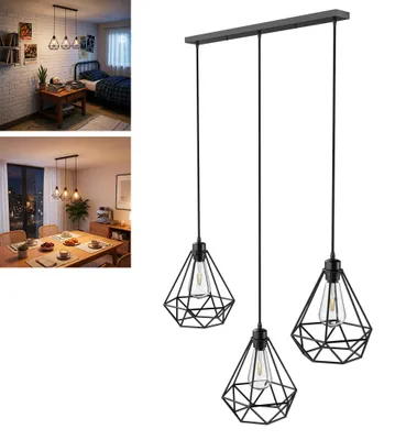 Produktbild von JOIEYOU Vintage Pendelleuchte 3-flammig E27, Industrielle Hängelampe Schwarz Metall, Höhenverstellbar 150 cm, Warmweiß Edison Lampen, Küchenlampe