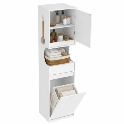Produktbild von Wäscheschrank mit Wäschekorb, 40x40x174 cm, Weiß, Schublade, offener Stauraum, für Badezimmer & Waschküche