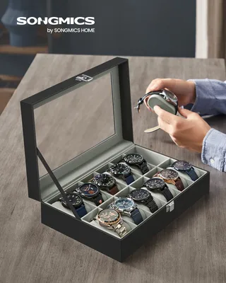 Produktbild von SONGMICS Uhrenbox Uhrenkasten, mit 12 Fächern, Glasdeckel, Geschenkidee