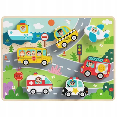 Obrázek produktu pro Tooky Toy Dřevěné Montessori Puzzle Vozidla Auta Letadlo Loď Město Zápas Tvary