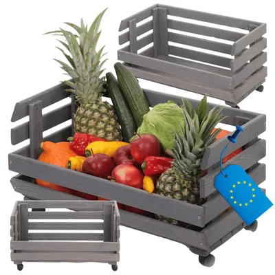 Produktbild von MODO24 Gemüseregal Holz, 1 Holzkiste, Kartoffelsteige, Obstregal, Rollenregal, Stapelbar, Vorratsregal, Massivholz Kiefer, 30x57x30 cm, Grau, RAWA