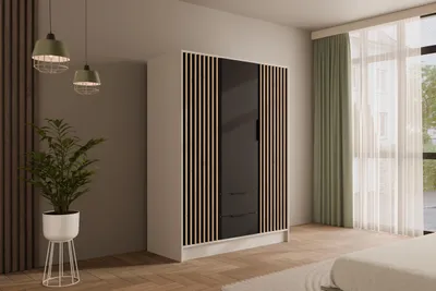 Produktbild von ALTDECOR Kleiderschrank mit selbstschließenden, Lamellentüren, Lamellen, Flügeltüren - NELIA - 150 cm Weiß / Schwarz / Artisan