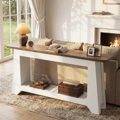 Immagine prodotto di Tavolino consolle lungo 160 cm con spazio contenitivo, tavolo da ingresso moderno in stile rustico, color bianco, adatto da posizionare dietro il divano, con ripiano aperto nella parte inferiore