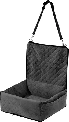 A gray quilted dog car seat with a strap is shown against a white background.