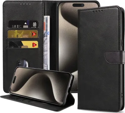 Obrázek produktu pro Vhodné pro iPhone 15 Pro Max Pouzdro na telefon z umělé kůže s magnetickým rtem a držákem na karty Pouzdro typu kniha s klopou - černé - Smartphonics