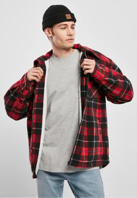 Zdjęcie produktu dla Męska kurtka Urban Classics Plaid Teddy Lined Shirt Jacket, czerwono-czarna – rozmiar M