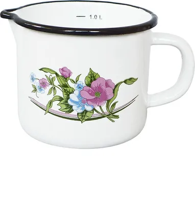 Produktbild von Milchtopf VENEDIG 1,0 Liter mit Ausguss und Skala, Emaille weiß mit Blumenmotiv