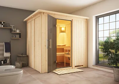Produktbild von Karibu Sauna Innensauna Daria Fronteinstieg Ofen 3,6 kW -Ofen externe Strg. easy 210x184x202 cm mit Dachkranz  mit Graphittür