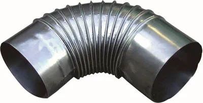 A metallic flexible duct elbow on a white background.