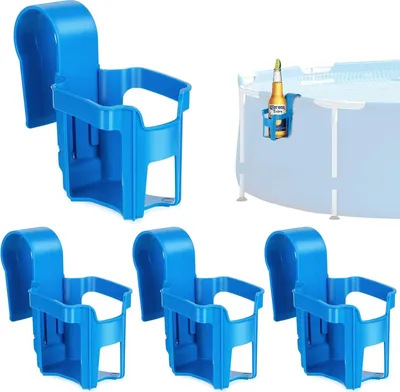 Four blue pool cup holders are shown, with one in the upper right corner attached to the side of a pool and holding a beer bottle.
