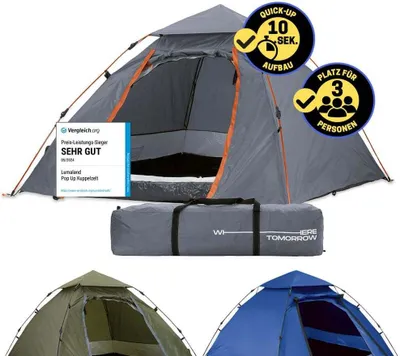 Produktbild von Lumaland Outdoor Where Tomorrow Pop Up Kuppelzelt Wurfzelt 2-3 Personen Zelt Sekundenzelt Camping Reise Festival 215 x 195 x 120 cm Tragetasche