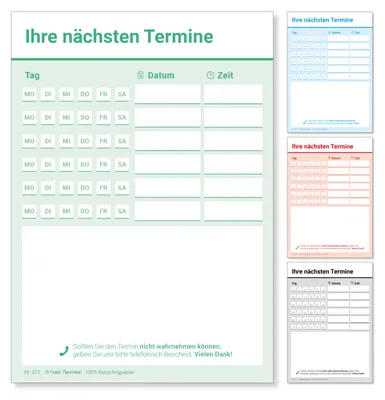 Produktbild von Frank Paperman® | 600 Terminzettel Praxis | 12 x Terminblock à 50 Blatt | grün | 6 Termine pro Zettel | für Ärzte, Heilpraktiker, Physio, Massage