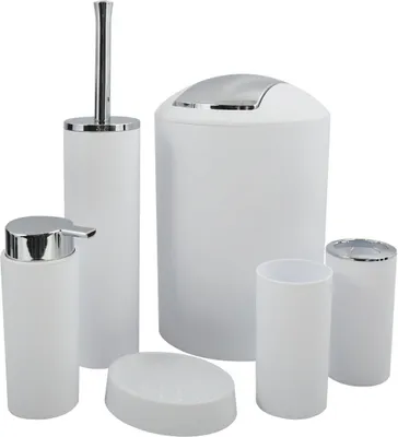Produktbild von MSV Badezimmer Set Hannah, 6-teiliges Badzubehör Seifenspender, WC Bürste, Seifenschale, Kosmetikeimer und Zahnputzbecher Weiß