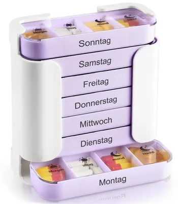 Zdjęcie produktu dla Pudełko na tabletki na 7 dni, 4 przegródki, duża pojemność, fioletowe