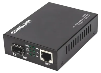 Produktbild von Intellinet 10GBase-T auf 10GBase-R Medienkonverter, 1 x 10 GB SFP+ Slot, 1 x 10 GB RJ45-Port, 10000 Mbit/s, IEEE 802.3u, 10 Gigabit Ethernet, 10,100,1000,1200,2500,5000,10000 Mbit/s, Voll, Halb, 100 m