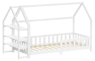 Produktbild von ML-Design Kinderbett 90x200cm mit Rausfallschutz, Regal, Dach & Lattenrost Weiß Montessori Bodenbett aus massivem Kiefernholz Hausbett Bettenhaus