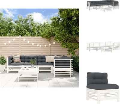Productafbeelding van vidaXL 6-delige loungeset voor de tuin met kussens, wit, massief hout - Tuinmeubelsets